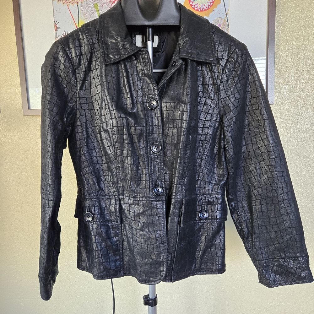 Neiman Marcus Exclusive Reptile Embossed Leather Peplum Jacket Women’s size 6